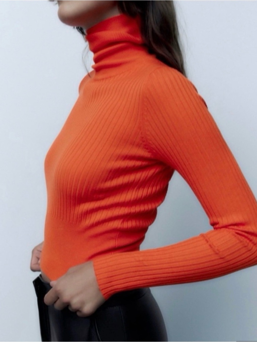 Zara vibrant Orange Ribbed stretch Turtleneck Sweater Excellent Sz Small